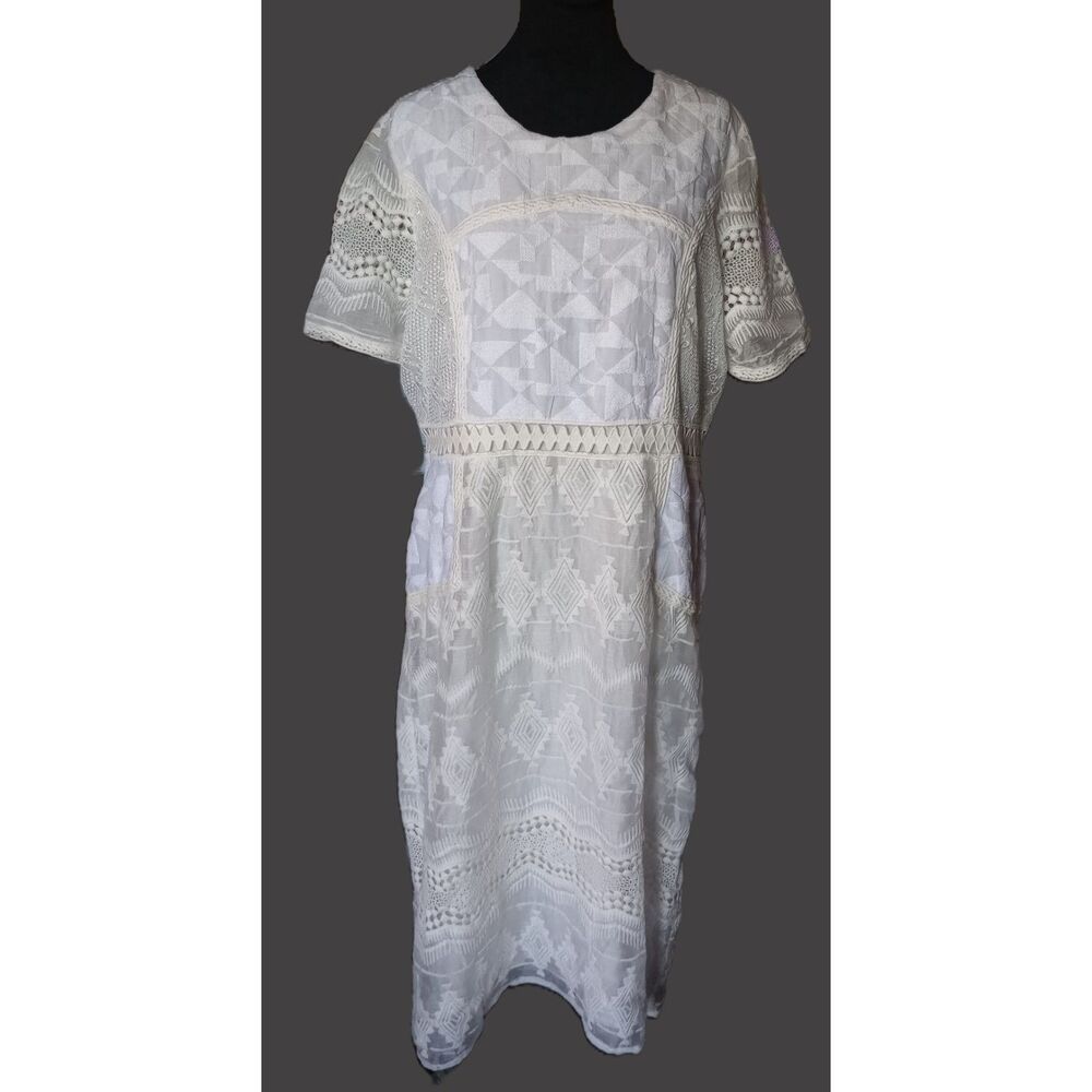 Eri + Ali, Anthropology Women's 16 Ivory  Lacy Short Sleeve Midi Dress, NWOT